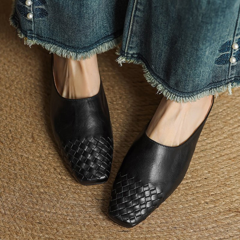Kvinnors Dämpade Fyrkantiga Tå Mules – Vävt Läder Slip-On Skor för Kontor och Sommarbruk