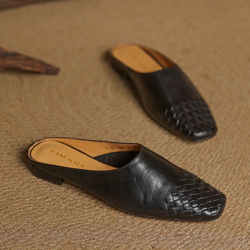 Kvinnors Dämpade Fyrkantiga Tå Mules – Vävt Läder Slip-On Skor för Kontor och Sommarbruk