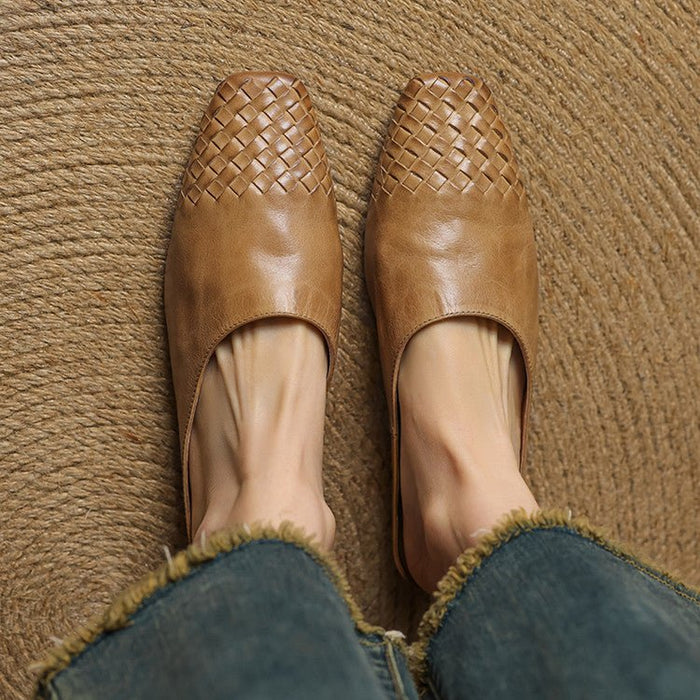 Kvinnors Dämpade Fyrkantiga Tå Mules – Vävt Läder Slip-On Skor för Kontor och Sommarbruk