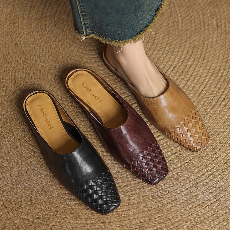 Kvinnors Dämpade Fyrkantiga Tå Mules – Vävt Läder Slip-On Skor för Kontor och Sommarbruk