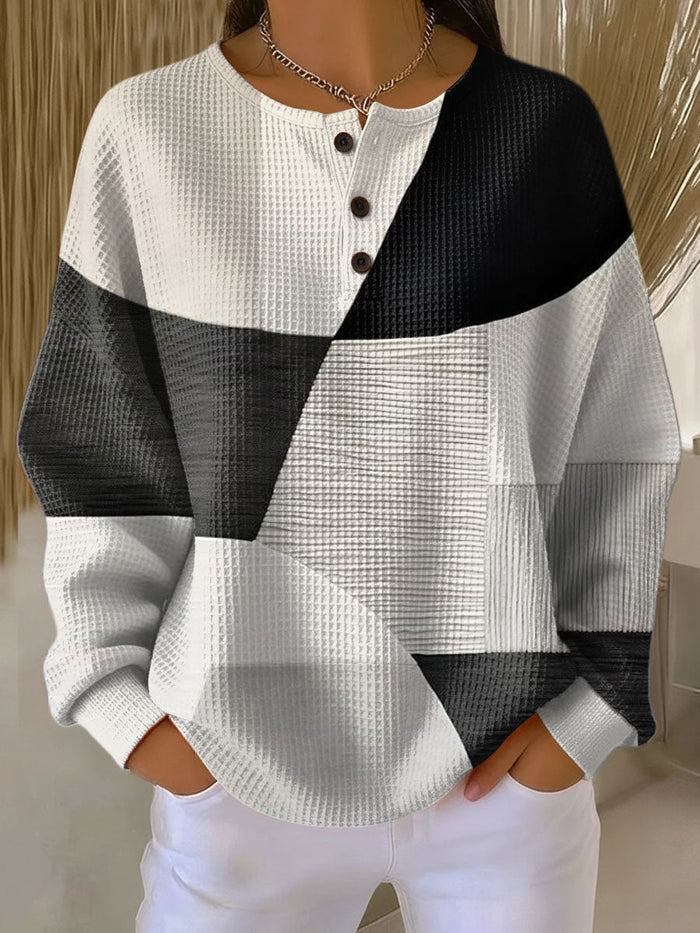 Dam Waffle-Stickad Henley-Tröja med Colorblock-Design