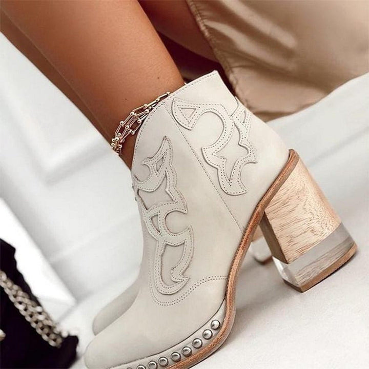 Kvinnors Faux Läder Western Ankelboots – Stabil Blockklack för Helgbruk