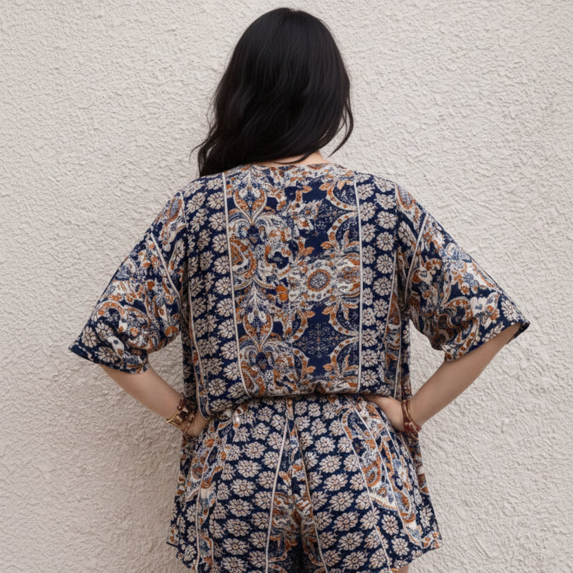Kvinnors Tryckt Kimono Blus och Shorts Set
