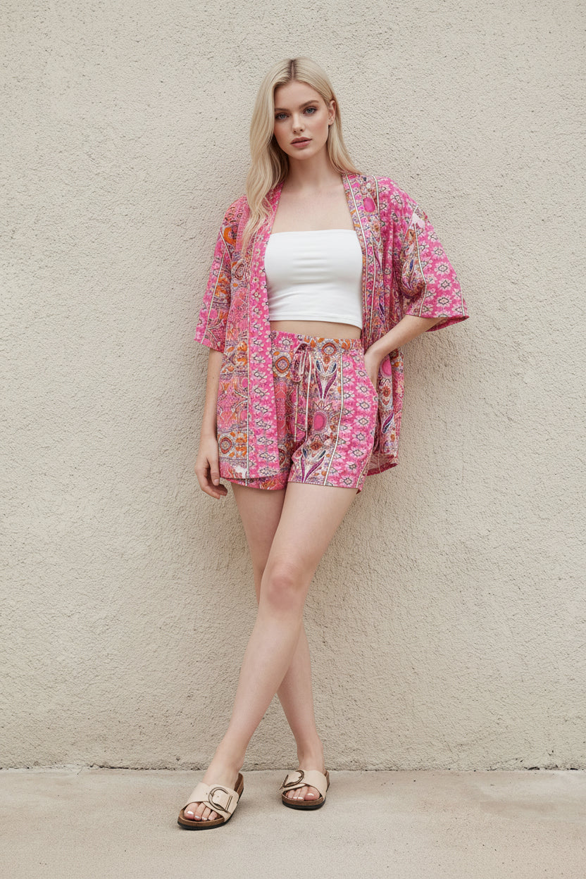 Kvinnors Tryckt Kimono Blus och Shorts Set