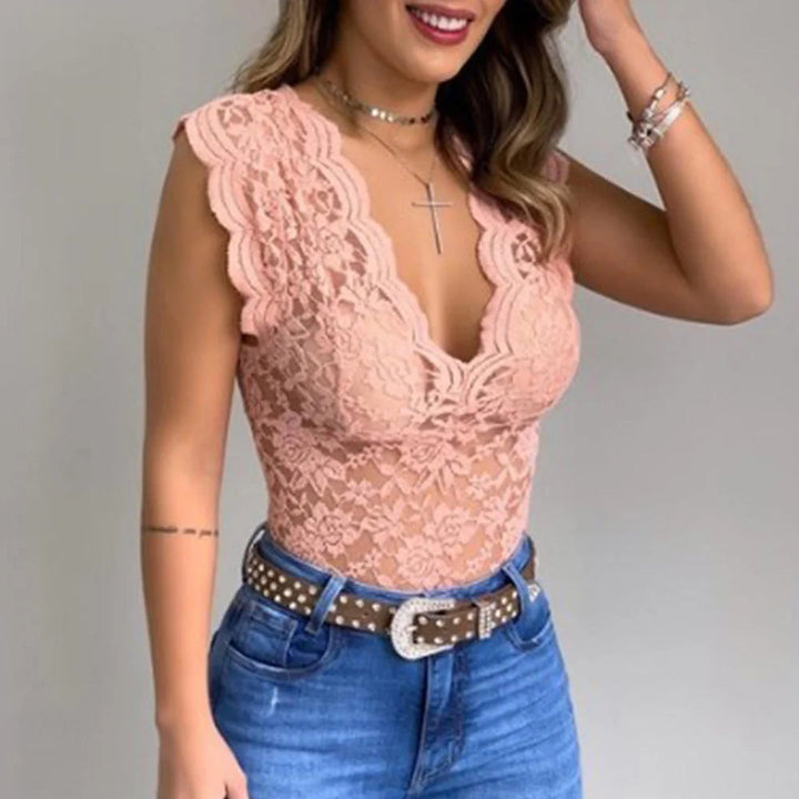 Kvinnors ärmlös spets V-ringad slim fit bodysuit