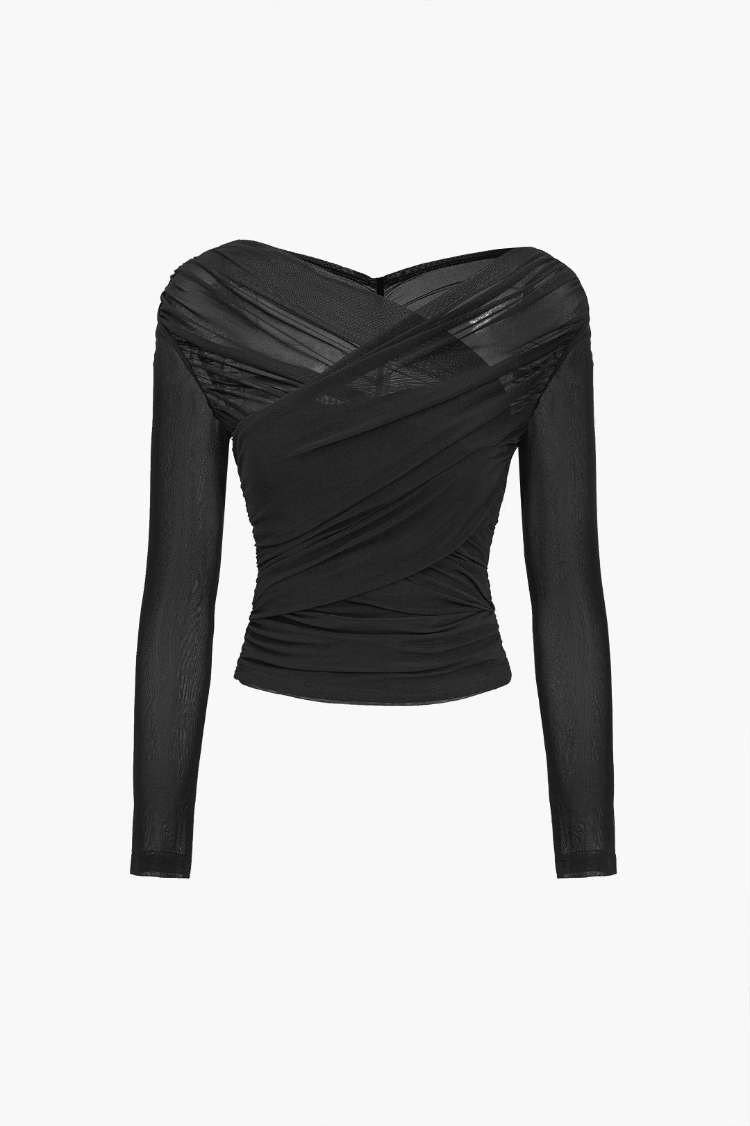 Kvinnors Rynkad Mesh Wrap Top – Långärmad Kvällstop för Elegant Styling