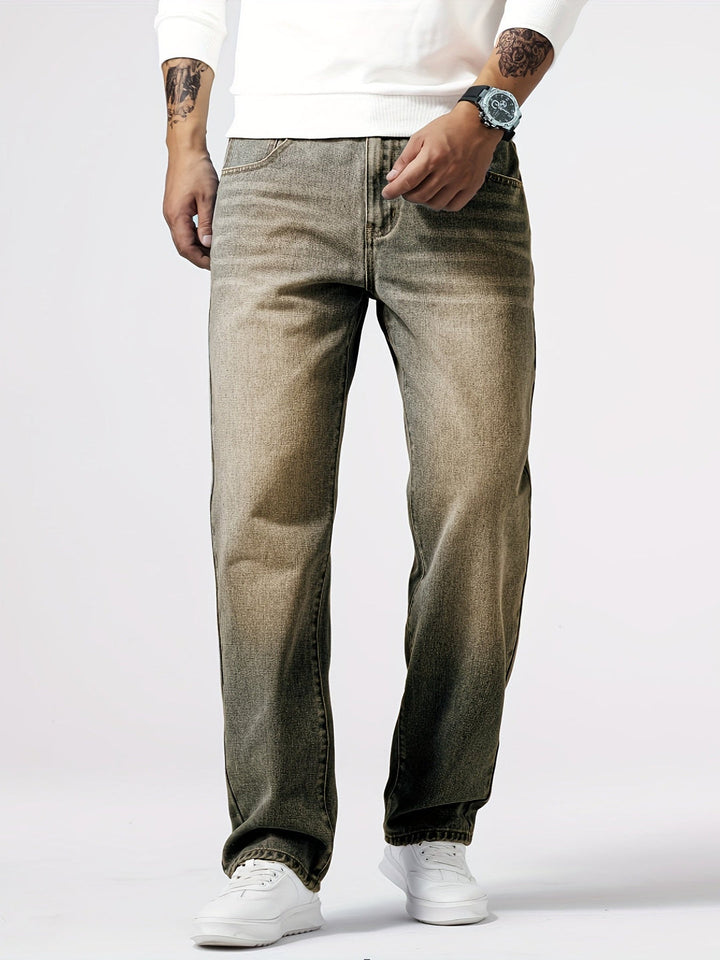 Herrens Denim Jeans Rakt Ben Tvättad Blå Varje Dags Passform