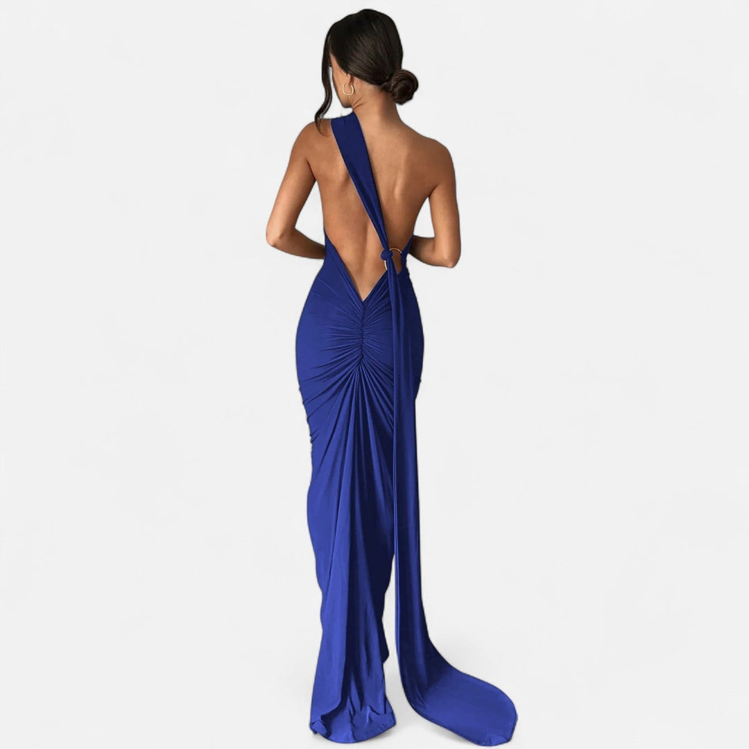Kvinnors Enaxlad Halterneck Maxi Klänning – Fitted Gown för Kvällsevenemang