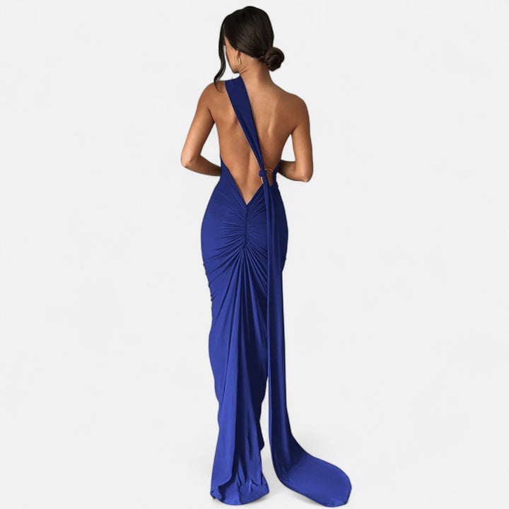 Kvinnors Enaxlad Halterneck Maxi Klänning – Fitted Gown för Kvällsevenemang
