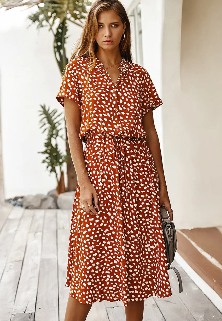 Kvinnors Midi Sommarklänning Justerbar Midja Lättviktig Tryckt Avslappnad Elegant Semesteroutfit