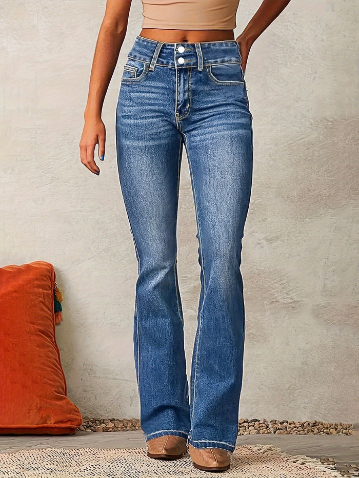 Kvinnors Högmidjade Utsvängda Jeans – Retro Denimbyxor för Avslappnad Vardagsbruk