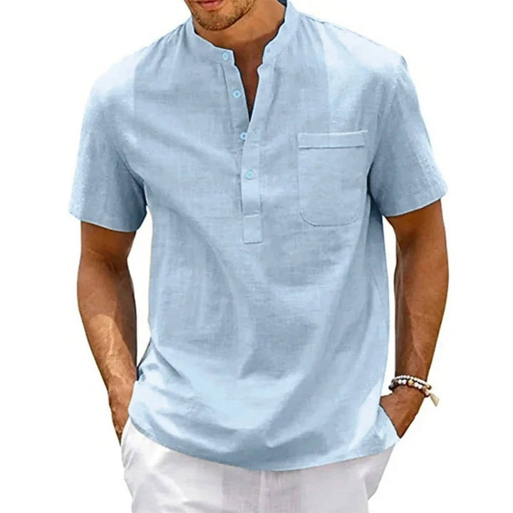 Herrbandkrage Kortärmad Henley Skjorta Med Bröstficka