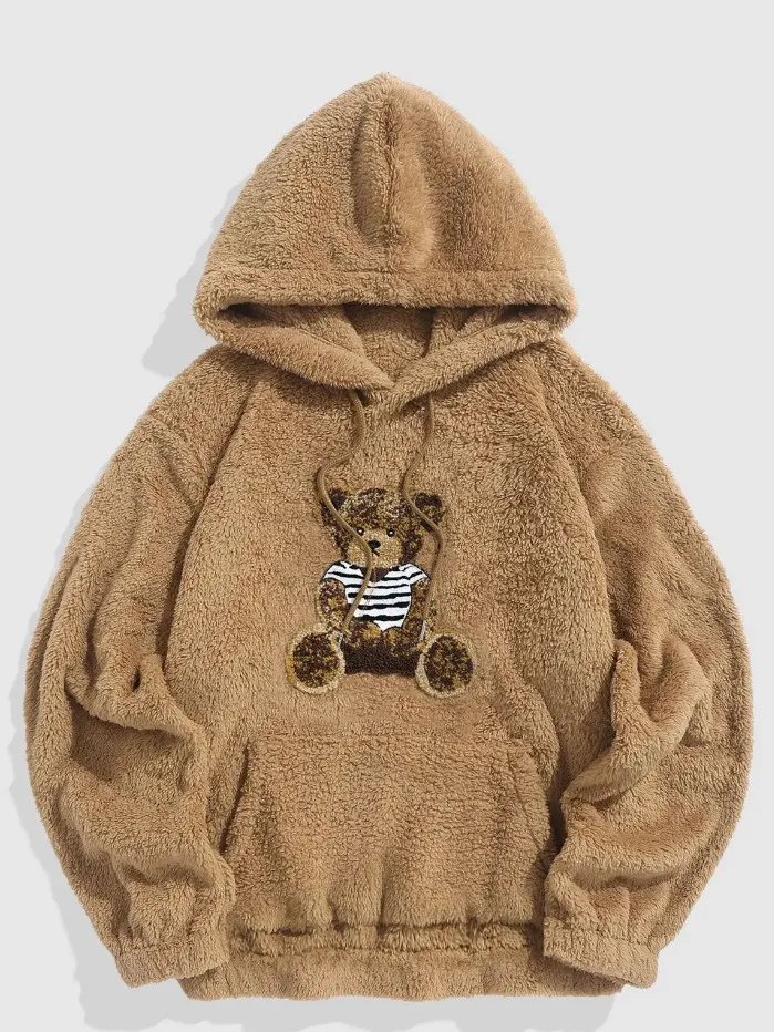 Herr Teddy Fleece Hoodie med Björnbroderi – Mjuk Hooded Sweater för Vinte