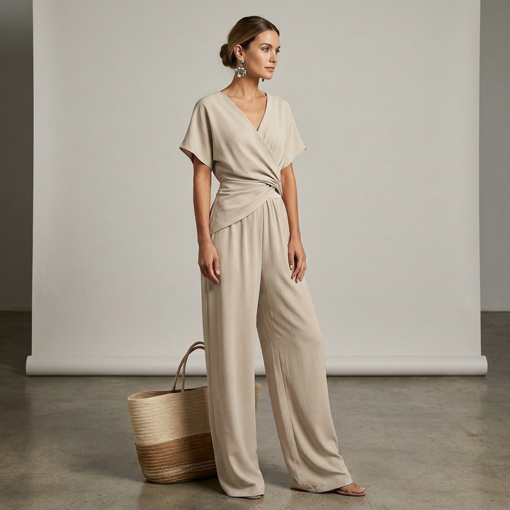 Kvinnors Draperad V-ringad Jumpsuit Avslappnad Sommaroutfit