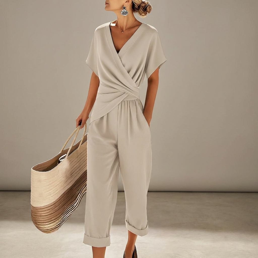 Kvinnors Draperad V-ringad Jumpsuit Avslappnad Sommaroutfit
