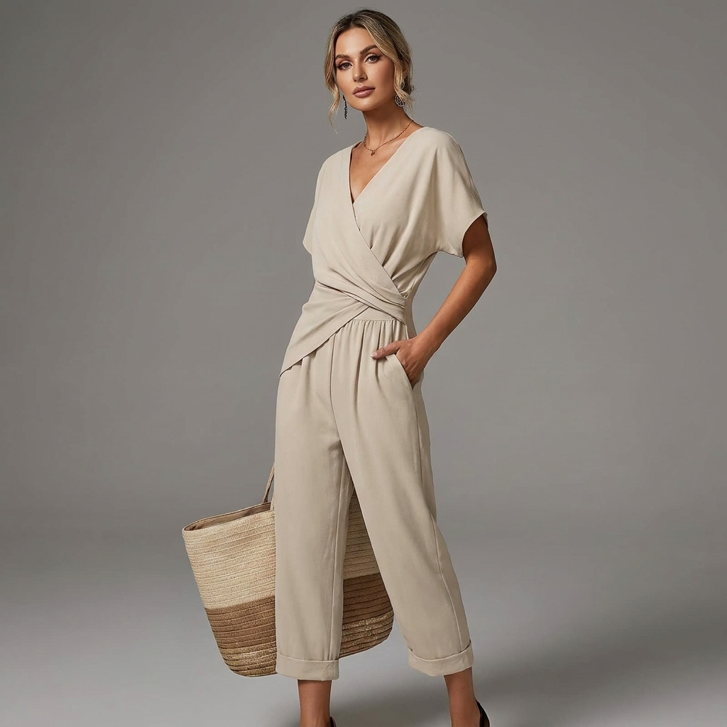 Kvinnors Draperad V-ringad Jumpsuit Avslappnad Sommaroutfit