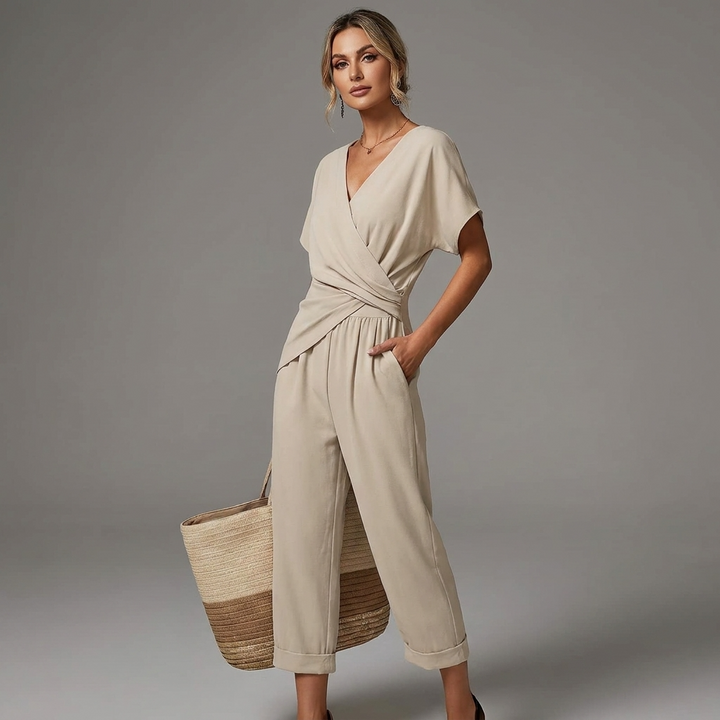 Kvinnors Draperad V-ringad Jumpsuit Avslappnad Sommaroutfit
