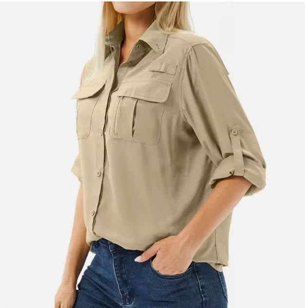 Kvinnors Utility Pocket Safari Skjorta med Rullärm Design