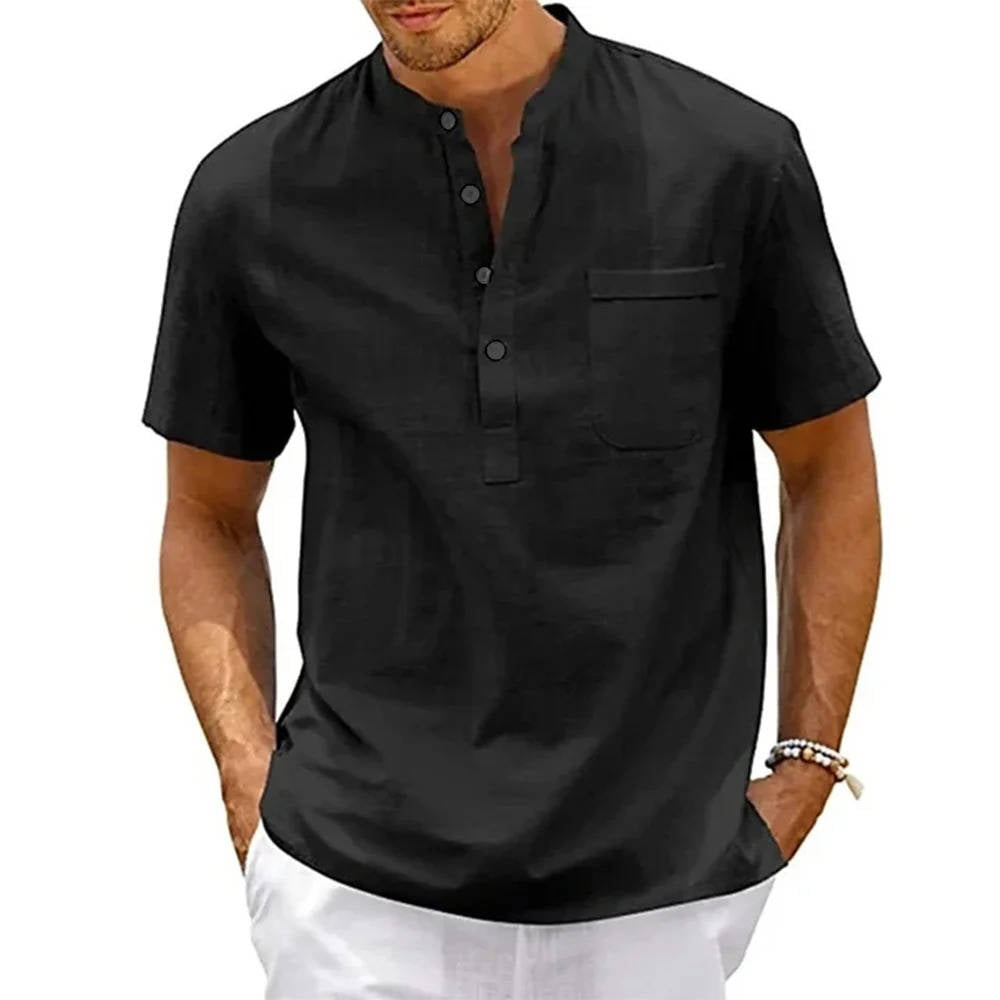 Herrbandkrage Kortärmad Henley Skjorta Med Bröstficka