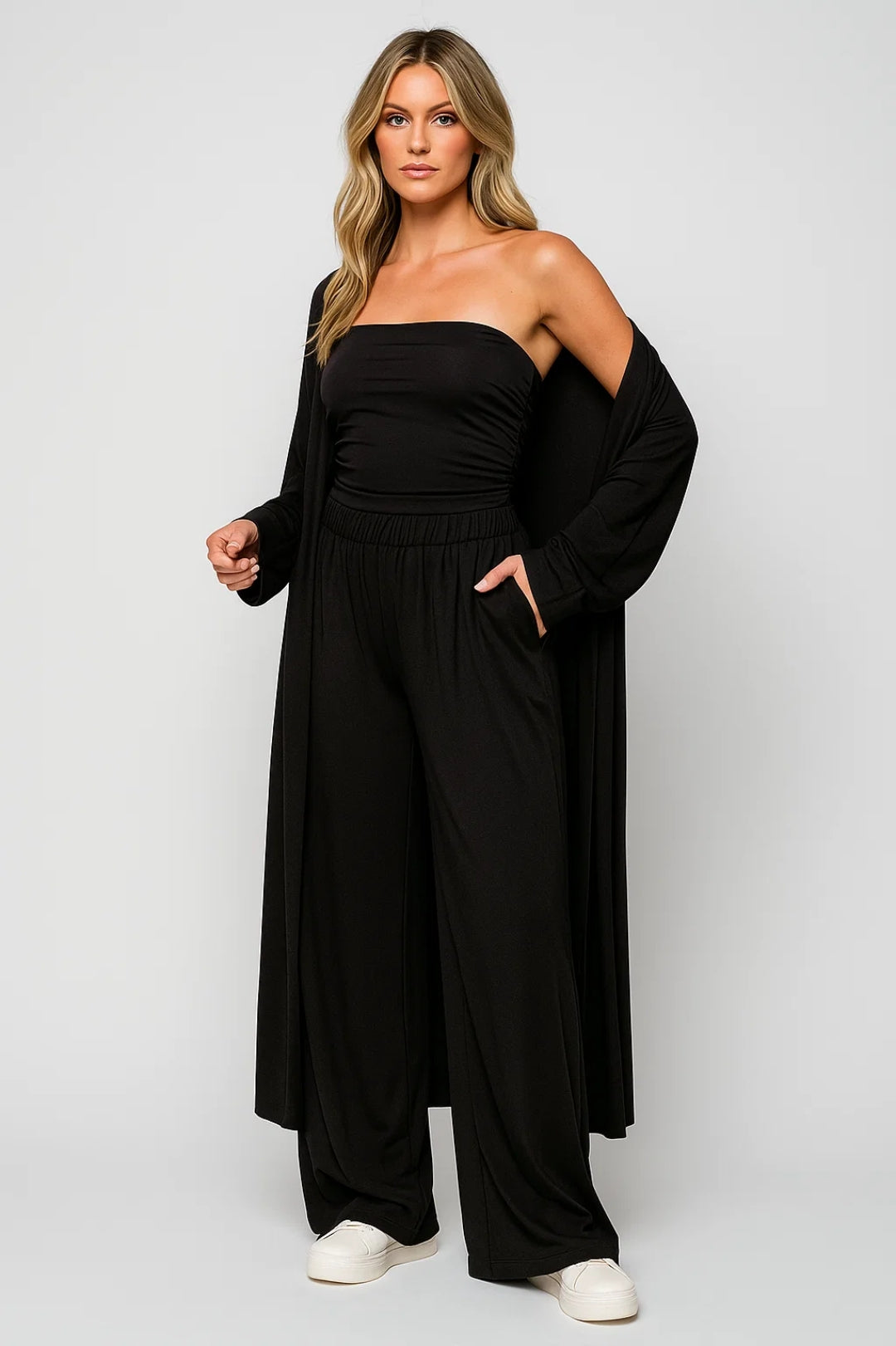 Kvinnors Strapless Tre-Delar Cardigan Byxdress