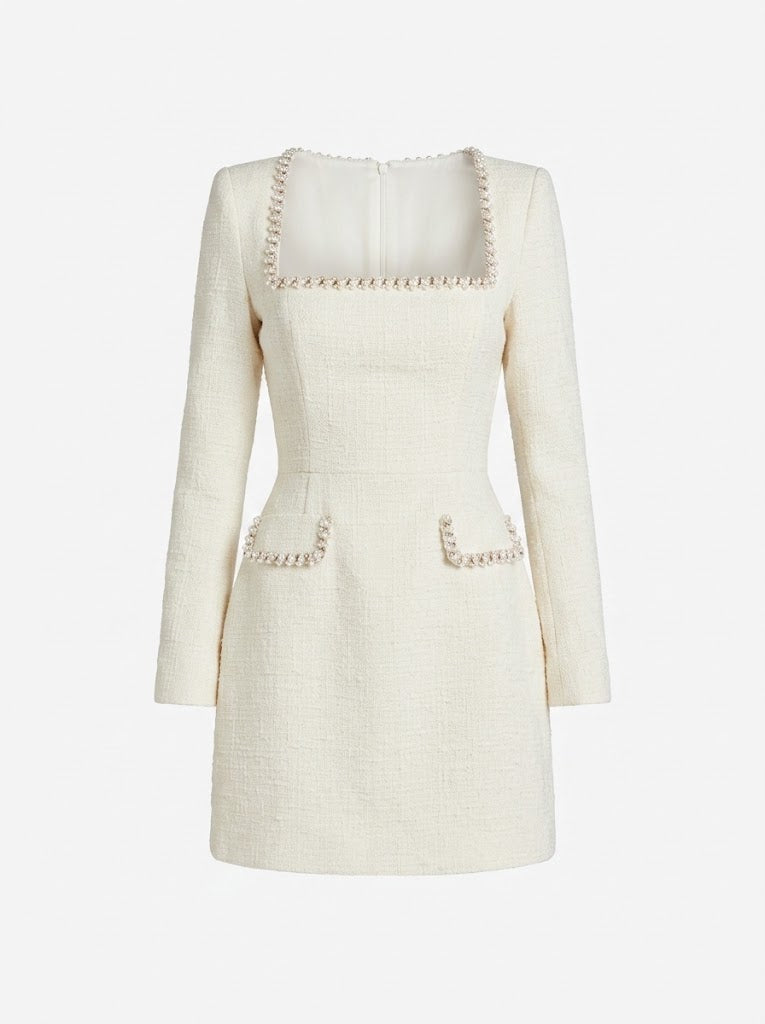 Kvinnors Tweed Mini Klänning – Pärlbesatt Långärmad Stil för Cocktail Evenemang och Middagar
