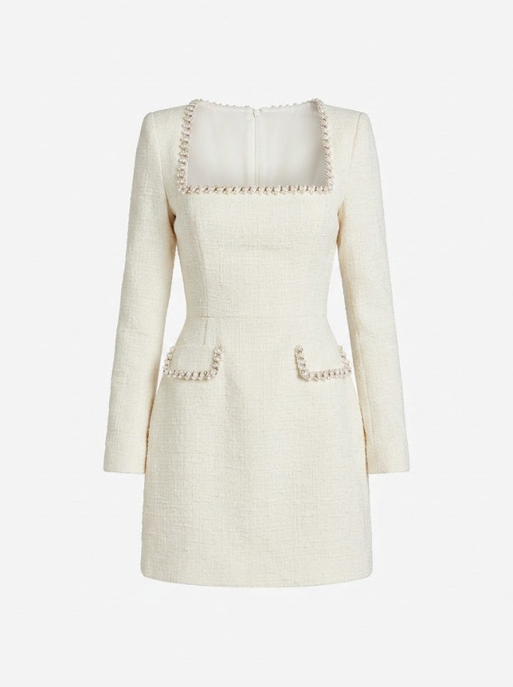 Kvinnors Tweed Mini Klänning – Pärlbesatt Långärmad Stil för Cocktail Evenemang och Middagar