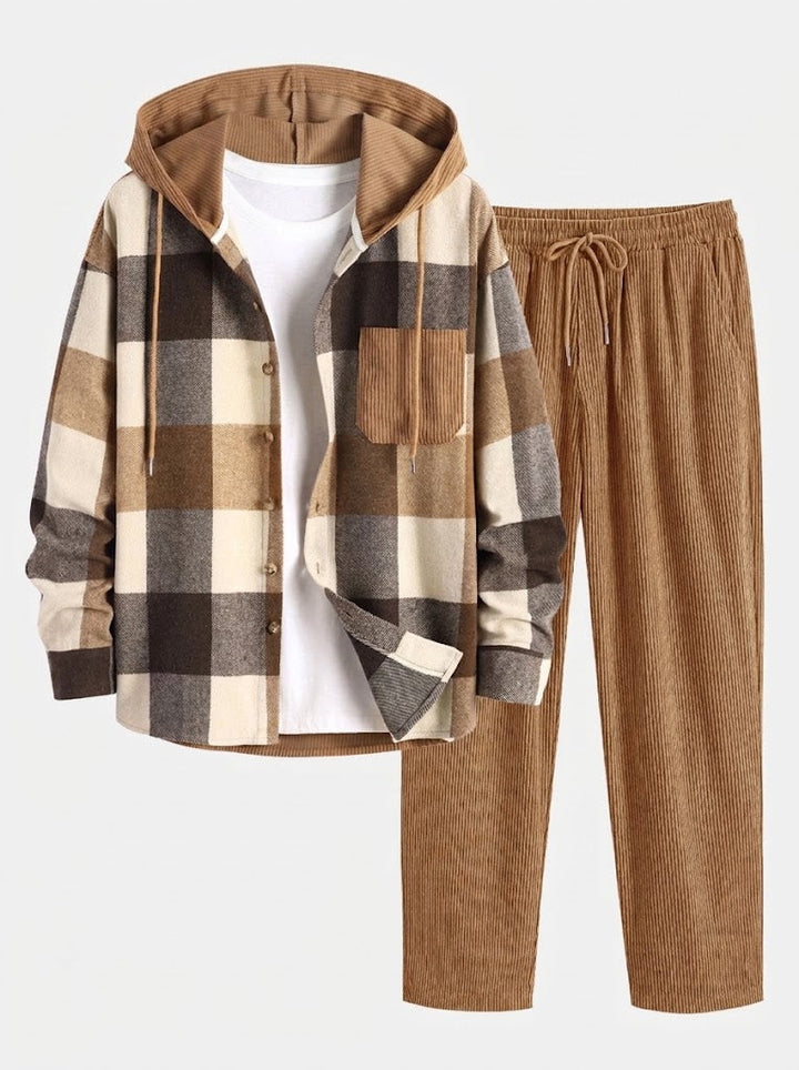 Herrens Hooded Flanellskjorta och Corduroybyxor Set – Avslappnad Höstcasual