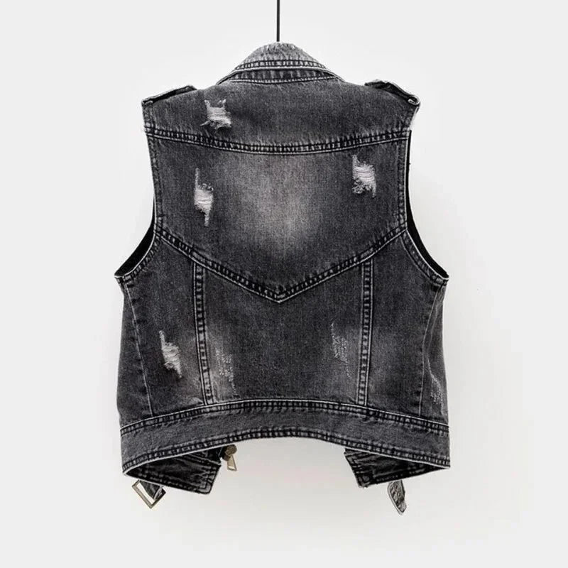 Herrens Bomullsdenim Biker Väst – Distressed Ärm-Lös Lager med Asymmetrisk Dragkedja och Justerbart Bälte