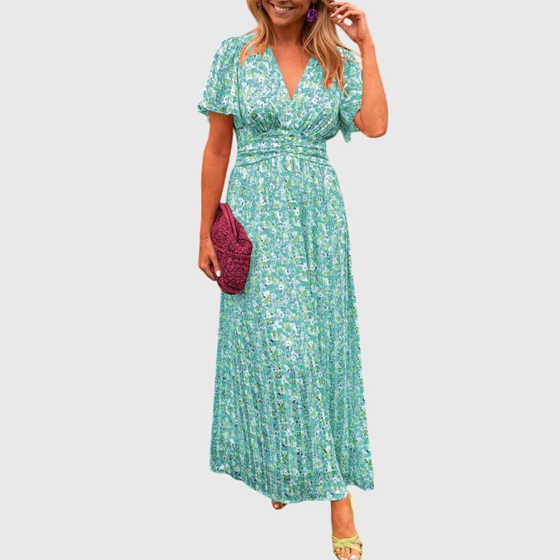 Kvinnors Tryckt Wrap-Stil Maxi Klänning – Kortärmad Outfit för Sommarevenemang