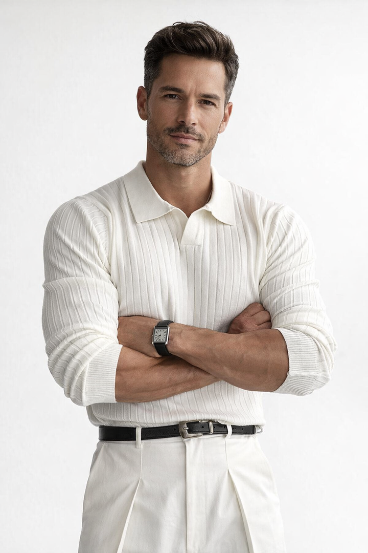 Herrens Ribbad Stickad Polo Tröja V-Hals Slim Fit