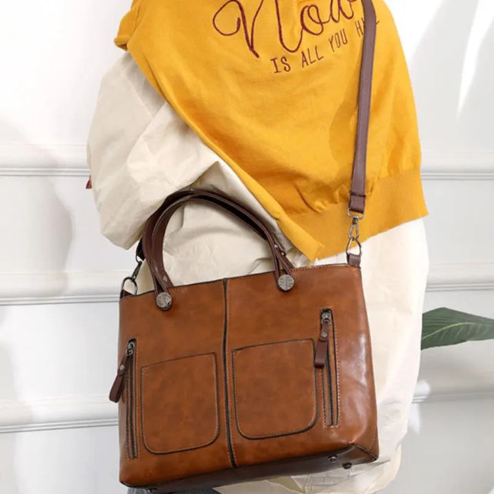 Kvinnors Vintage Läder Tote Handväska Med Flera Fickor