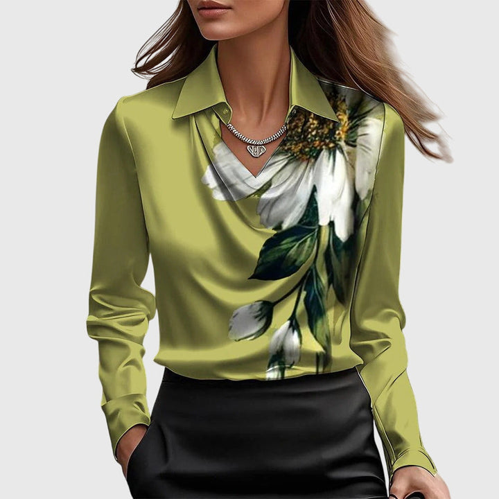 Kvinnors Satin Cowl-Neck Blus – Långärmad Skjorta med Krage för Kontor och Kvällsbruk