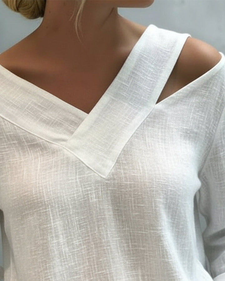 Kvinnors Asymmetrisk V-ringad Texturerad Blus med Långa Ärmar
