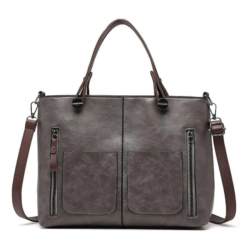 Kvinnors Vintage Läder Tote Handväska Med Flera Fickor