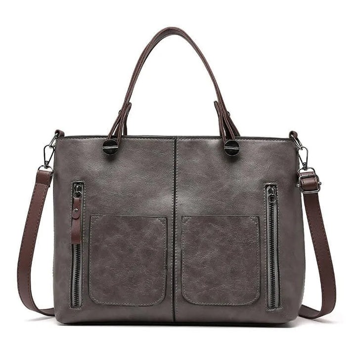 Kvinnors Vintage Läder Tote Handväska Med Flera Fickor