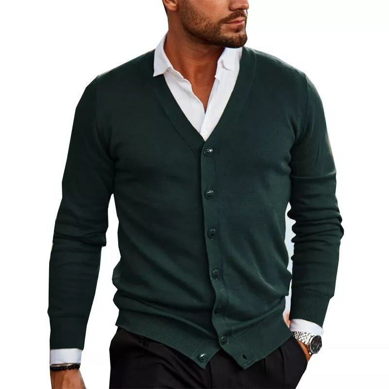 Mäns långärmad V-hals knäppbar stickad cardigan