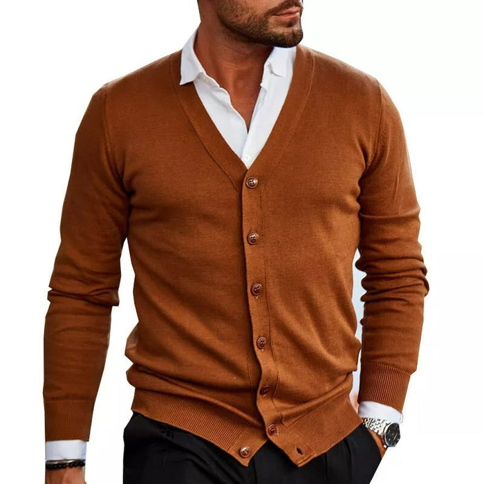 Mäns långärmad V-hals knäppbar stickad cardigan