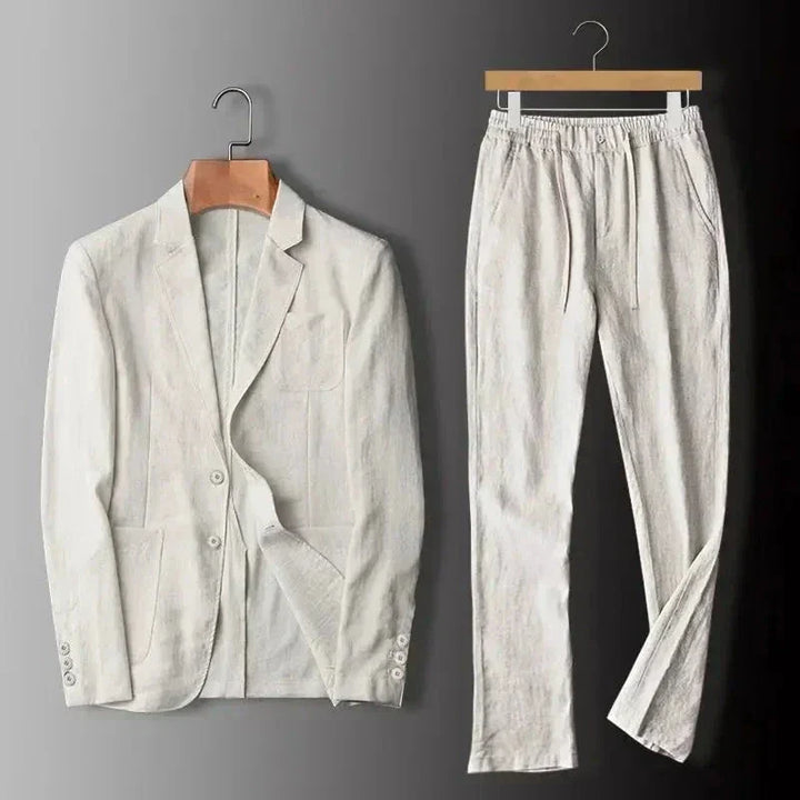 Herrlinne Blazer och Byxor Set – Raffinerad Sommar Kostym för Smarta Tillfällen