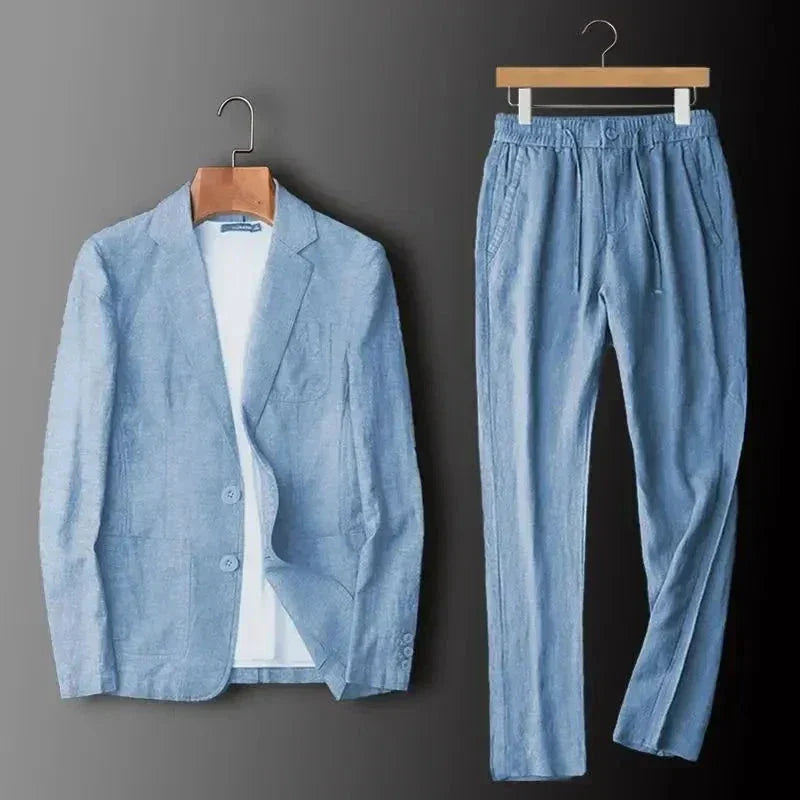 Herrlinne Blazer och Byxor Set – Raffinerad Sommar Kostym för Smarta Tillfällen