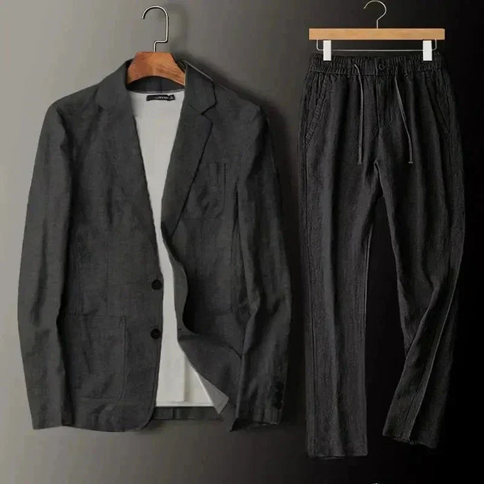 Herrlinne Blazer och Byxor Set – Raffinerad Sommar Kostym för Smarta Tillfällen