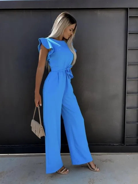 Kvinnors Jumpsuit med Volangärmar och Bälte Elegant Smickrande Passform Avslappnad Smart Tillfälle Bred Benstil