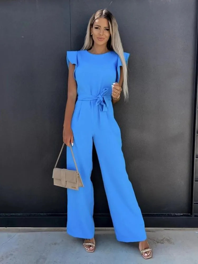 Kvinnors Jumpsuit med Volangärmar och Bälte Elegant Smickrande Passform Avslappnad Smart Tillfälle Bred Benstil