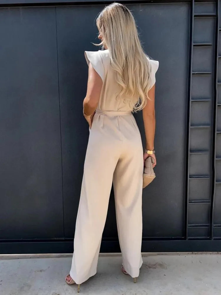 Kvinnors Jumpsuit med Volangärmar och Bälte Elegant Smickrande Passform Avslappnad Smart Tillfälle Bred Benstil