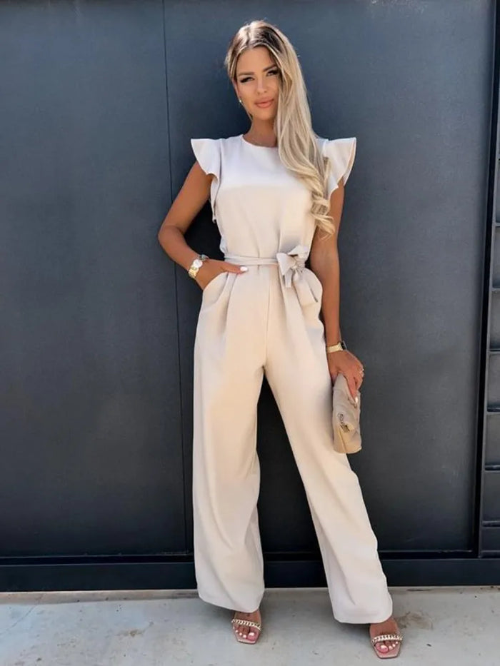 Kvinnors Jumpsuit med Volangärmar och Bälte Elegant Smickrande Passform Avslappnad Smart Tillfälle Bred Benstil