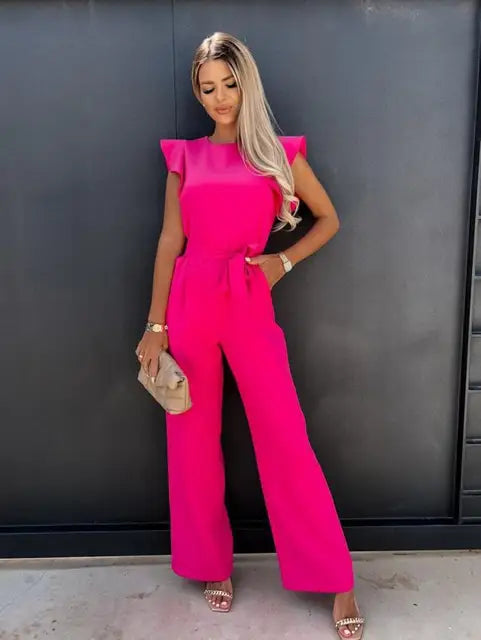Kvinnors Jumpsuit med Volangärmar och Bälte Elegant Smickrande Passform Avslappnad Smart Tillfälle Bred Benstil