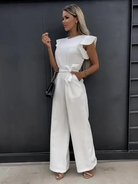 Kvinnors Jumpsuit med Volangärmar och Bälte Elegant Smickrande Passform Avslappnad Smart Tillfälle Bred Benstil