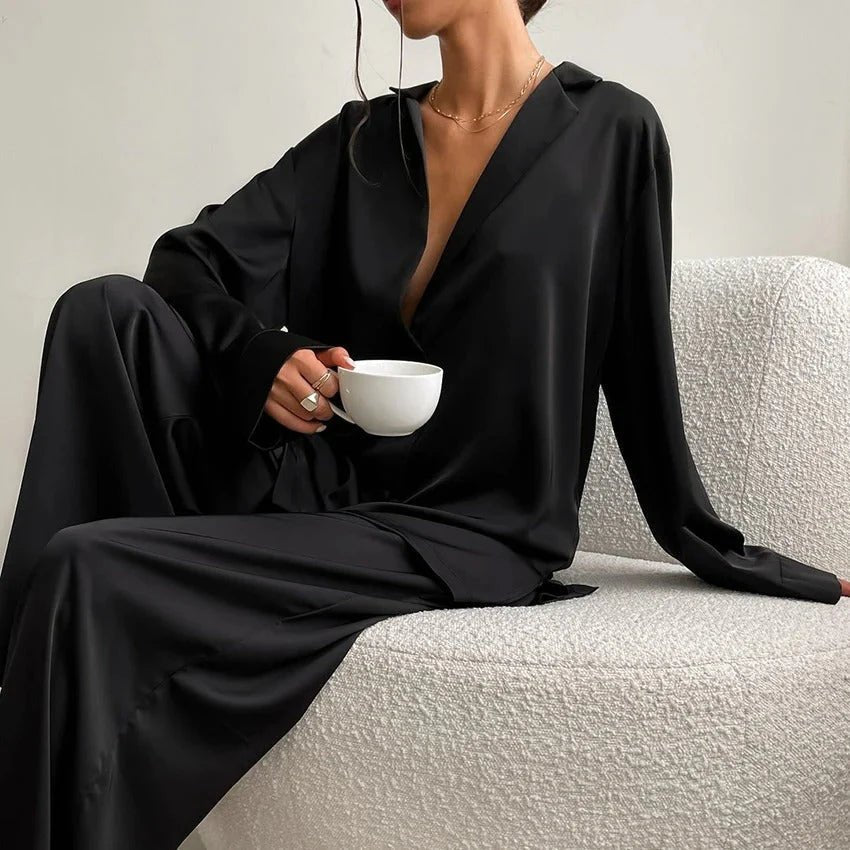 Kvinnors Satin Skjorta och Vida Byxor Set – Avslappnad Loungewear för Hem och Resa