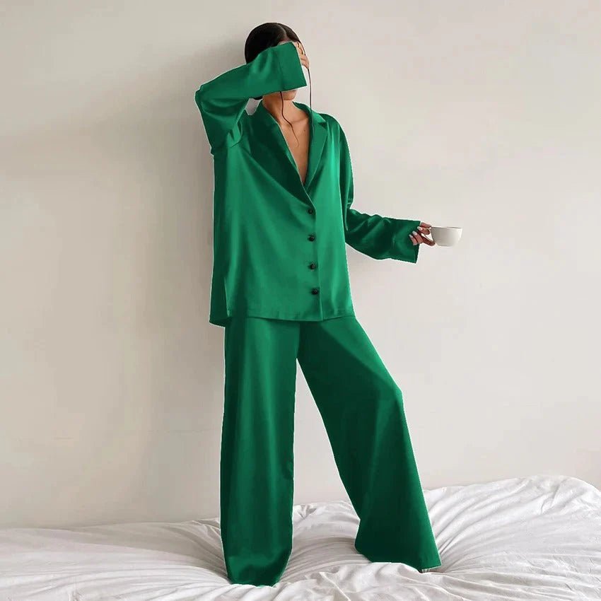 Kvinnors Satin Skjorta och Vida Byxor Set – Avslappnad Loungewear för Hem och Resa