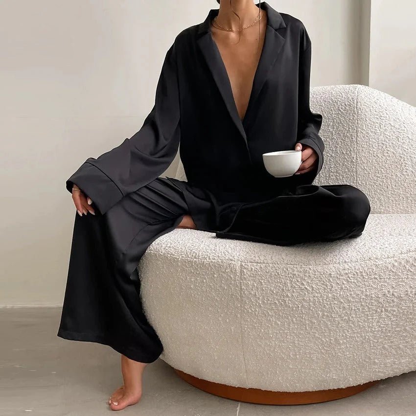 Kvinnors Satin Skjorta och Vida Byxor Set – Avslappnad Loungewear för Hem och Resa