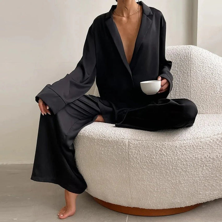 Kvinnors Satin Skjorta och Vida Byxor Set – Avslappnad Loungewear för Hem och Resa
